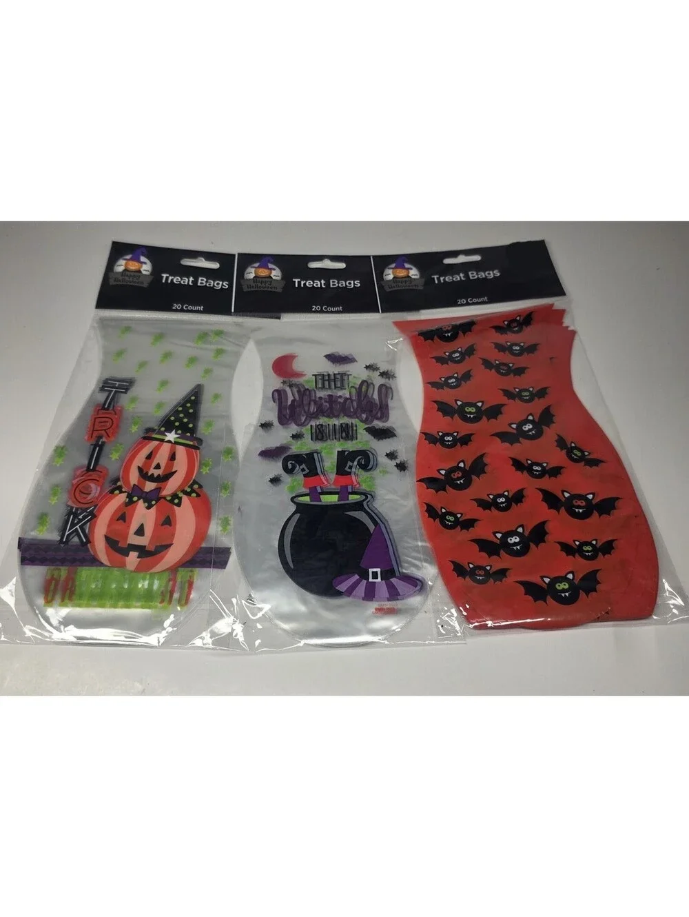 20 Count Halloween Treat Bags - 3 Pack with Twist Ties - Fun Halloween Theme